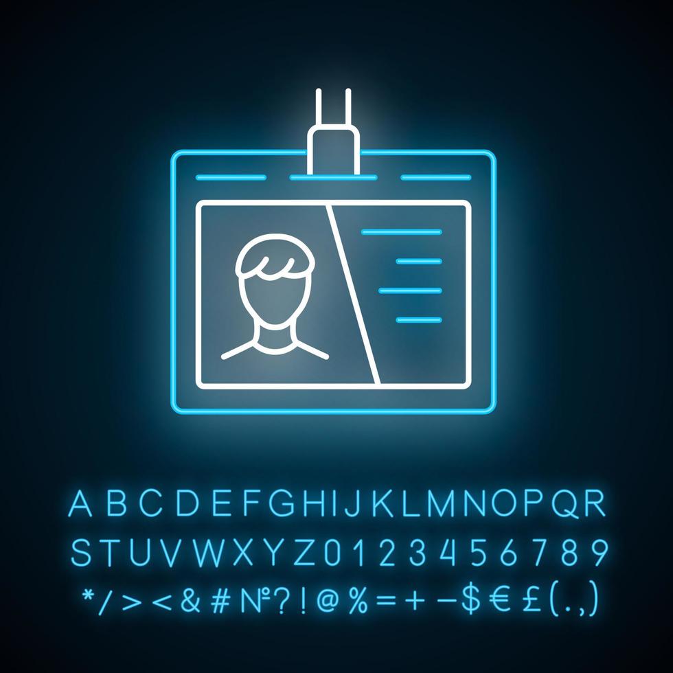 ID-dokument neonljusikon. glödande tecken med alfabet, siffror och symboler. ID-tagg vektor isolerade illustration. plastkort med foto. affärsman, säljare konsult personligt märke