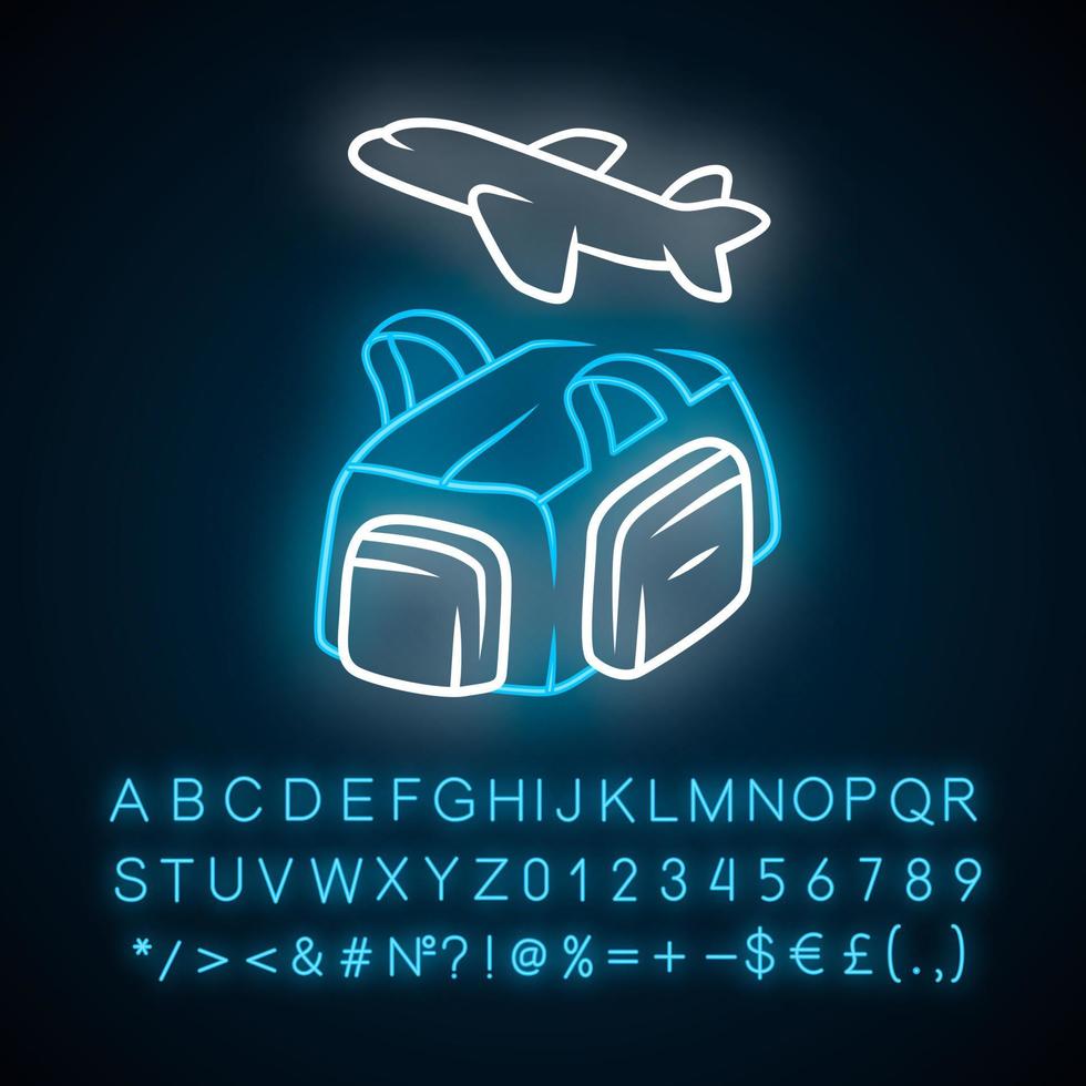 Flug, Reisetasche Neonlicht-Symbol. Handgepäck, Reisegepäck. Handtasche für Reisen, Tourismus. leuchtendes zeichen mit alphabet, zahlen und symbolen. vektor isolierte illustration