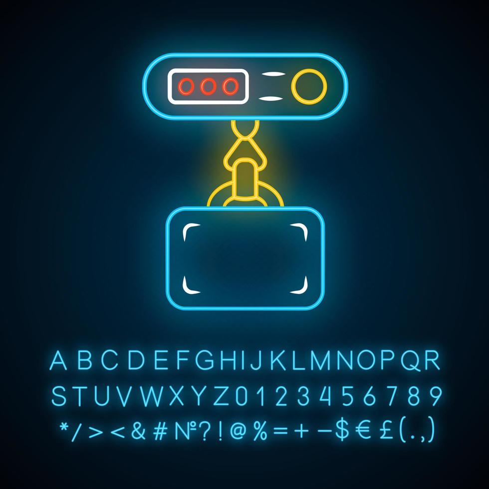 Symbol für Neonlicht der elektronischen Kofferwaage. Wiegekoffer mit digitalen Gewichten. Gebühr für die Gewichtsgrenze des Gepäcks, fein. leuchtendes zeichen mit alphabet, zahlen und symbolen. vektor isolierte illustration