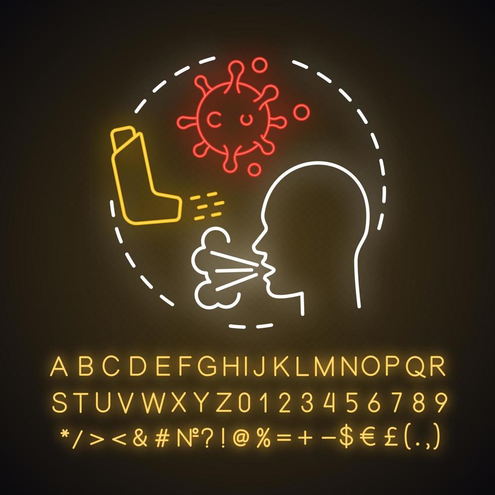 Symbol für das Neonlicht-Konzept von Atemwegsallergien. luftübertragene allergische krankheiten idee. asthma-inhalator, hustende person, bakterien. leuchtendes zeichen mit alphabet, zahlen und symbolen. vektor isolierte illustration