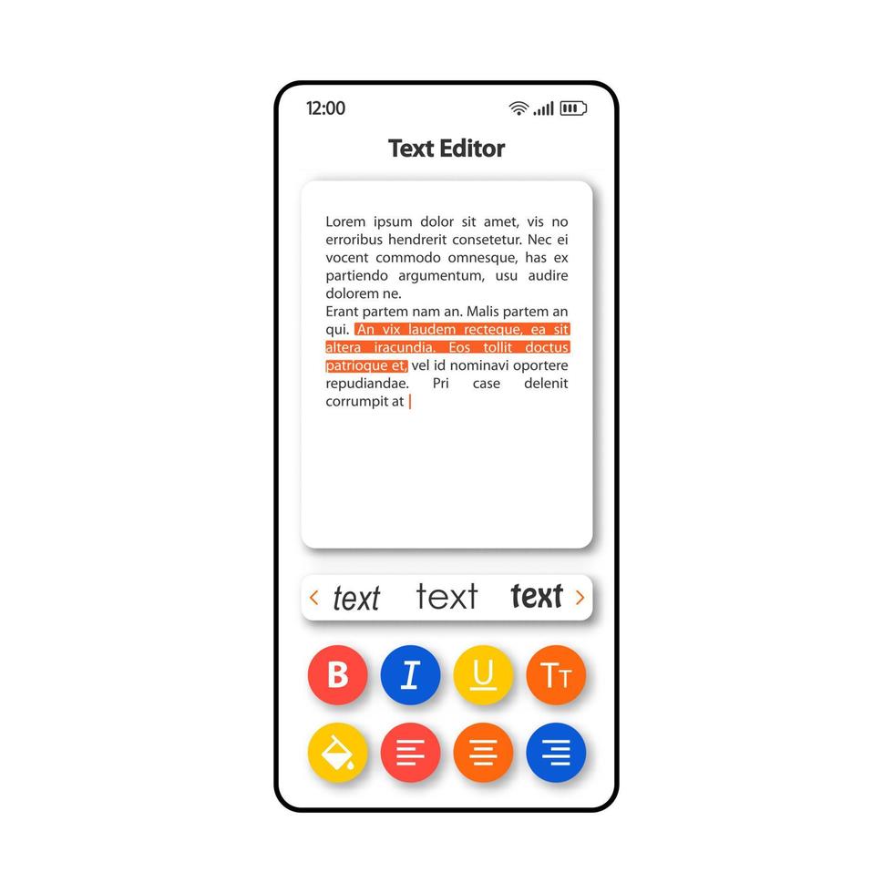textredigeringsprogram smartphone gränssnitt vektor mall. layout för färgdesign för mobilappar. verktygsskärm för att markera fraser. platt UI för applikation. anteckningar editor telefon display