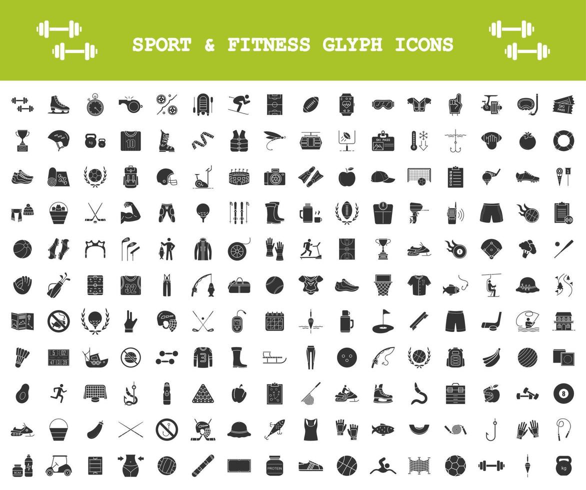 sport och fitness glyf ikoner stor uppsättning. hälsosam livsstil. gym, träningsträning, övningar. utomhusaktiviteter, lagsporter. fiske, vandring, camping. siluett symboler. vektor isolerade illustration