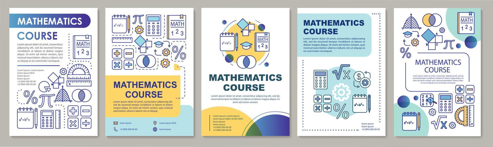 matematik kurs, matte lektioner broschyr mall layout. flygblad, häfte, broschyrtryckdesign med linjära illustrationer. vektor sidlayouter för tidskrifter, årsredovisningar, reklamaffischer