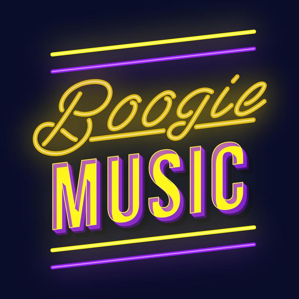 Boogie-Musik Vintage 3D-Vektor-Schriftzug. retro fette schrift, schriftbild. Pop-Art-stilisierter Text. Neonlichtbuchstaben im alten Schulstil. 90er, 80er Poster, Banner. dunkelvioletter Hintergrund vektor