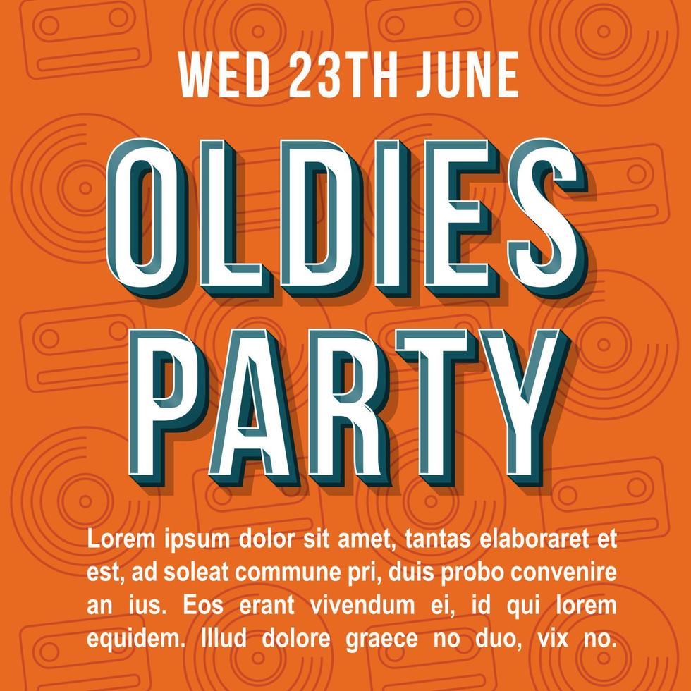 Oldies Party Vintage 3D-Vektor-Schriftzug. retro fette schrift, schriftbild. Pop-Art-stilisierter Text. Buchstaben im Stil der alten Schule. 90er, 80er Poster, Banner, T-Shirt-Typografie-Design. karottenfarbener hintergrund vektor