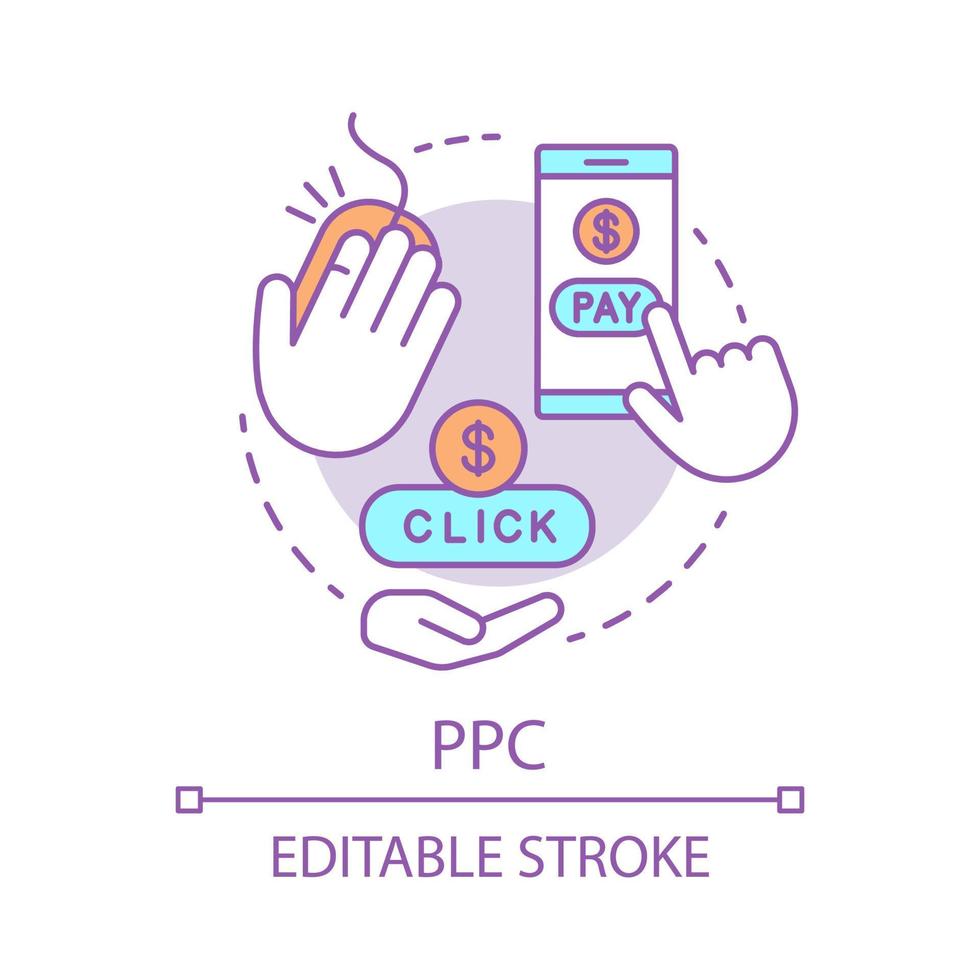 ppc koncept ikon. digital marknadsföring verktyg idé tunn linje illustration. betala per klick. Internetannonsmodell. marknadsföringsstrategi. marknadsföring online. vektor isolerade konturritning. redigerbar linje