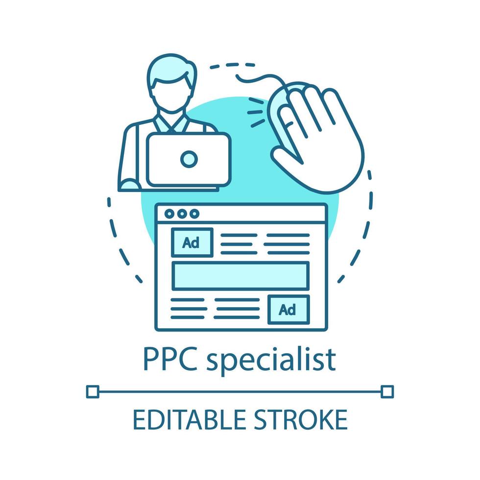 PPC-Spezialist blaues Konzeptsymbol. Digital Marketing Spezialität Idee dünne Linie Illustration. Paid-Search-Analyst, Vermarkter. Pay-per-Click-Verwaltung. Vektor isoliert Umrisszeichnung. editierbarer Strich