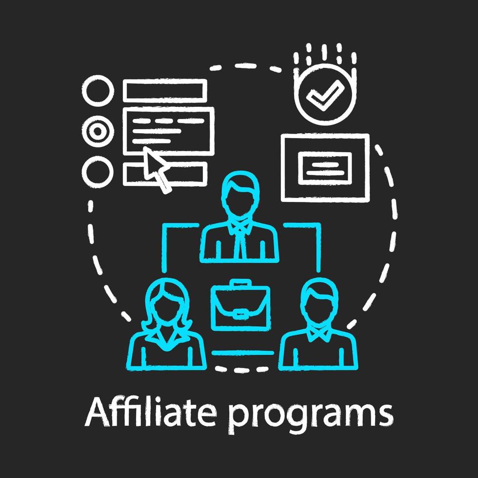 affiliate-program krita koncept ikon. affiliate marketing idé. partnerprogram och remisser. produktmarknadsföring. mun till mun. vektor isolerade svarta tavlan illustration