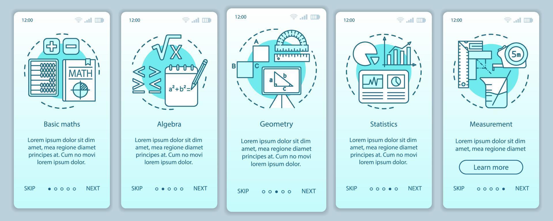 lära sig matematik kurs, pedagogiskt verktyg onboarding mobil app sida skärm vektor mall. genomgångswebbplats fem steg med linjära illustrationer. ux, ui, gui smartphone gränssnitt koncept