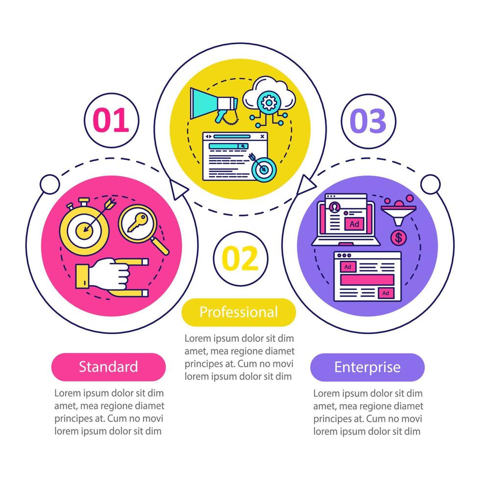 Infografik-Vorlage für CRM-Abonnementvektoren. Gestaltungselement für Geschäftspräsentationen. Standard-Profi-Tarif. Datenvisualisierung, dreistufig, Option. Diagramm der Prozesszeitleiste. Workflow-Layout, Symbol vektor