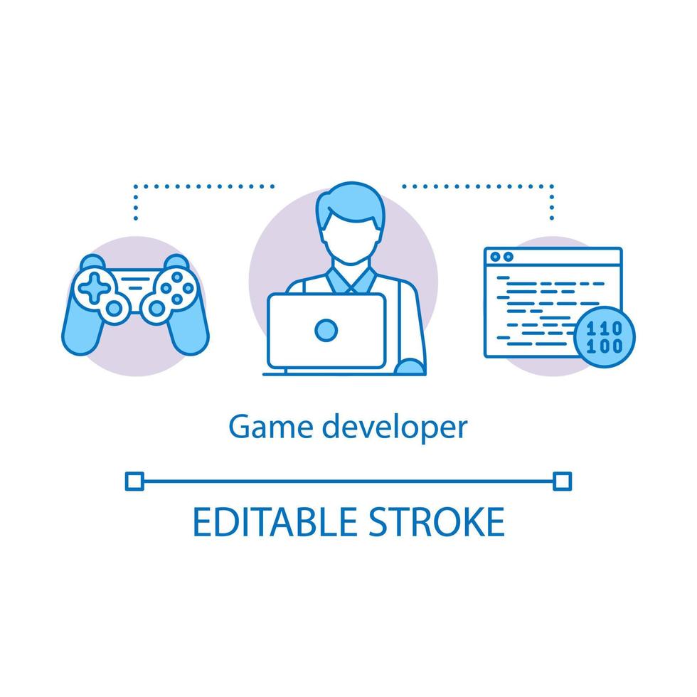 spelutvecklare koncept ikon. utveckling av underhållningsprogram. spelmjukvaruprogrammering, testning. programmerare arbete idé tunn linje illustration. vektor isolerade konturritning. redigerbar linje