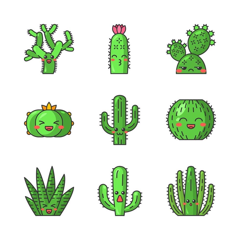 kaktusar söta kawaii vektor tecken. växter med leende ansikten. skratttunna och peyotekaktusar. kyssande igelkott vilda kaktusar. rolig emoji, uttryckssymbol set. isolerade tecknade färgillustration