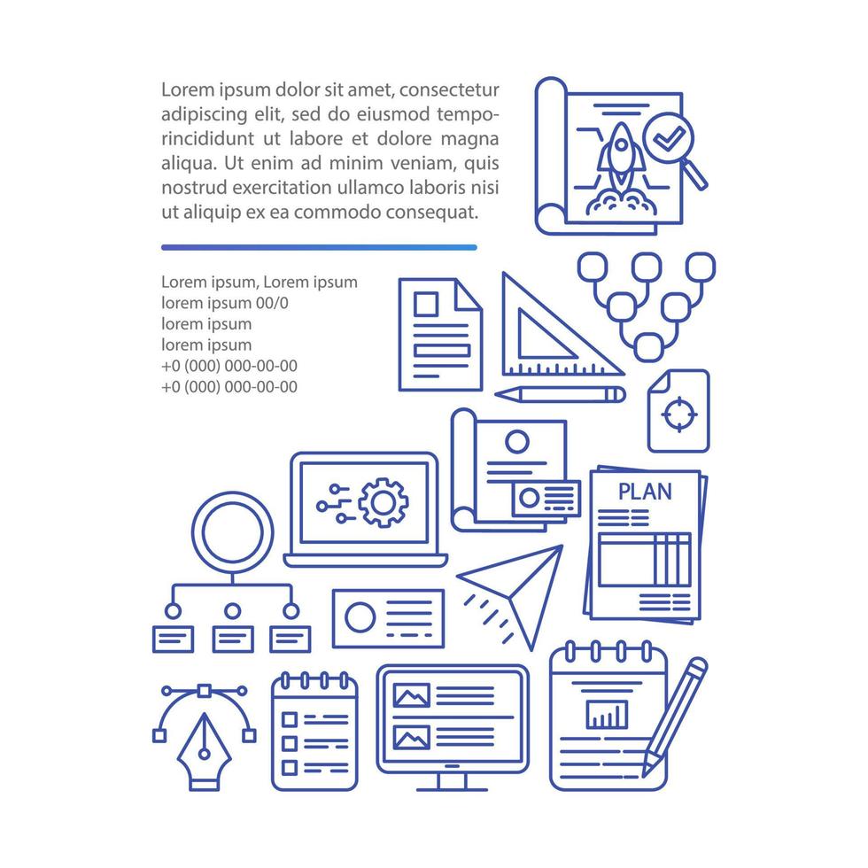 Vektorvorlage für Startartikelseiten. Unternehmensplanung und Markteinführung. broschüre, magazin, broschürengestaltungselement mit linearen symbolen und textfeldern. Druckdesign. konzeptillustrationen mit textraum vektor