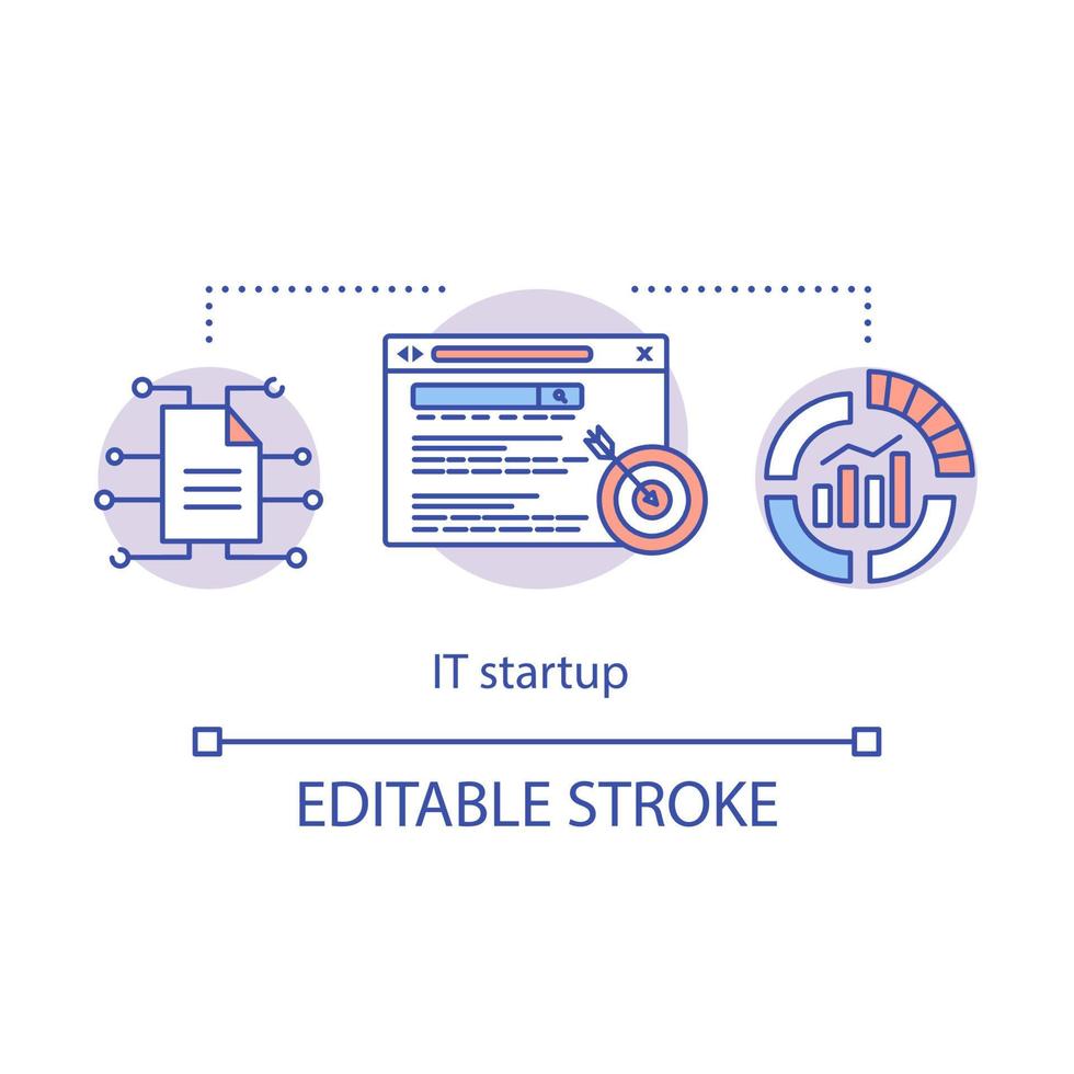 Symbol für das Startkonzept. Erstellung neuer Webprodukte. Informationstechnologie-Geschäft. programmierung von standorten idee dünne linie illustration. Vektor isoliert Umrisszeichnung. editierbarer Strich