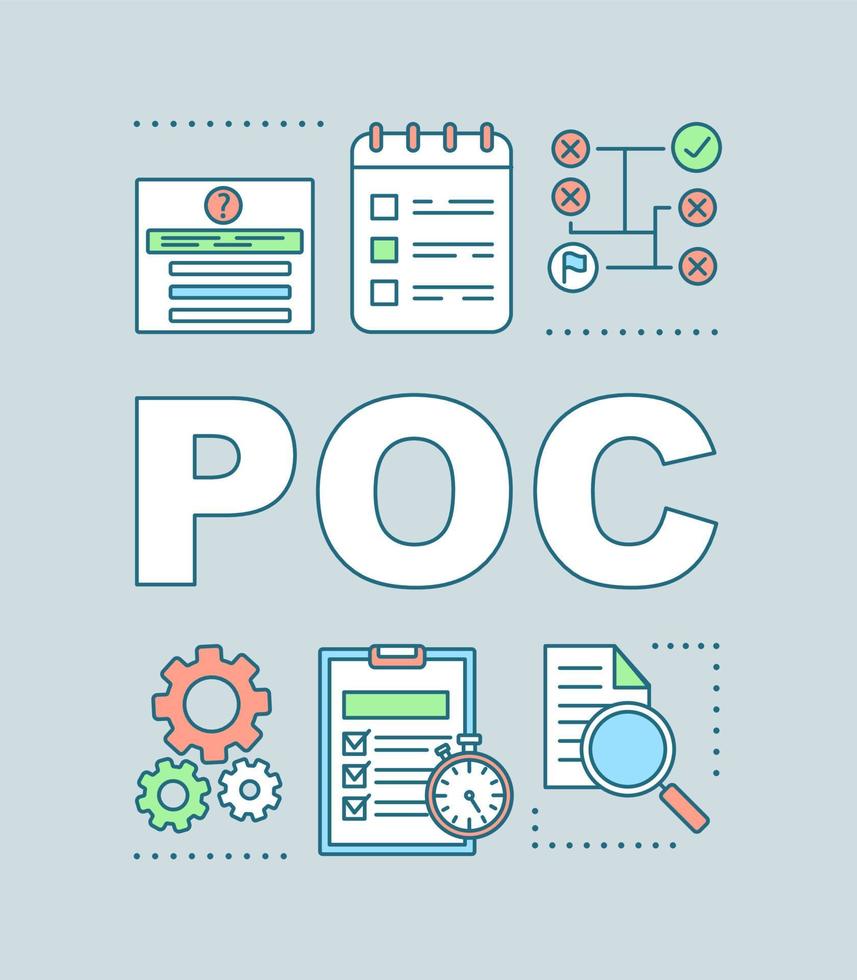 POC-Wortkonzepte-Banner. konzeptioneller Beweiß. Produktforschung. Verkaufstests. Studium verlangen. Präsentation, Webseite. isolierte beschriftungstypografieidee mit linearen symbolen. Vektor-Umriss-Illustration vektor