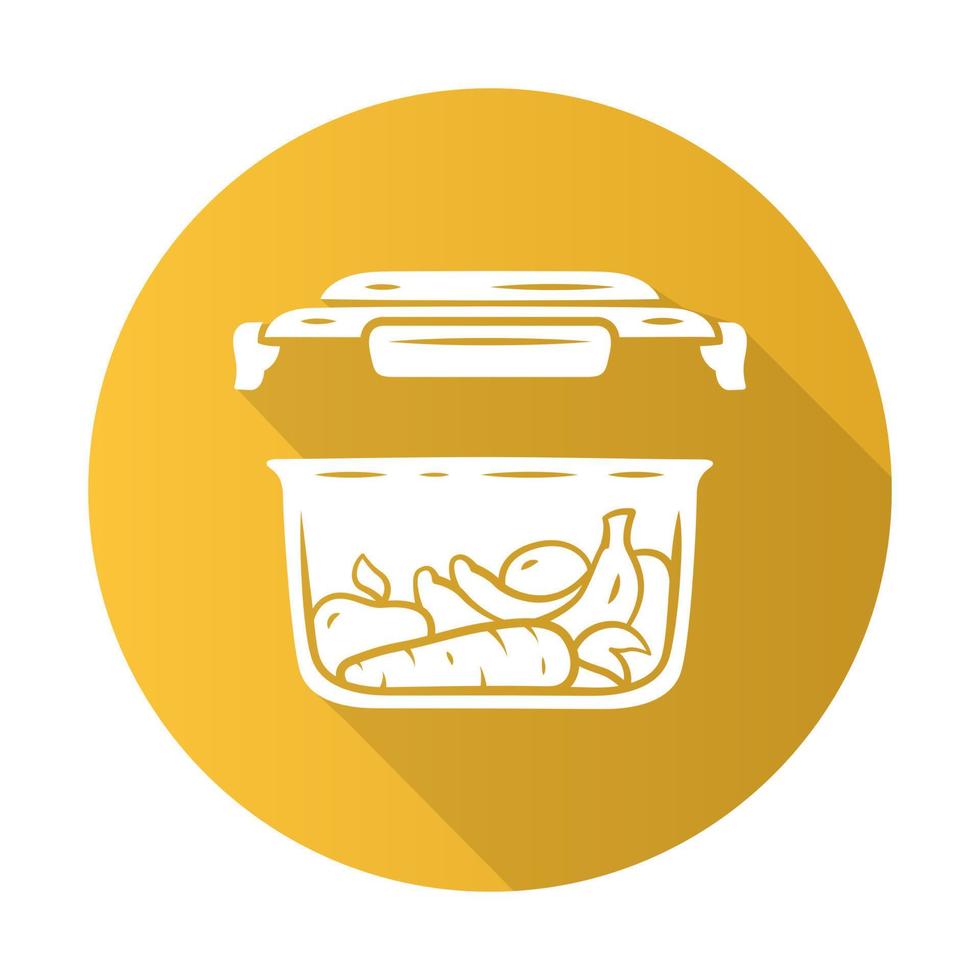 Lebensmittelvorratsbehälter flaches Design lange Schatten-Glyphe-Symbol. umweltfreundliches, recycelbares Material. Lebensmittelverpackungen aus Kunststoff. wiederverwendbare Lunchbox. frisches obst, gemüse lagerung. Vektor-Silhouette-Illustration vektor