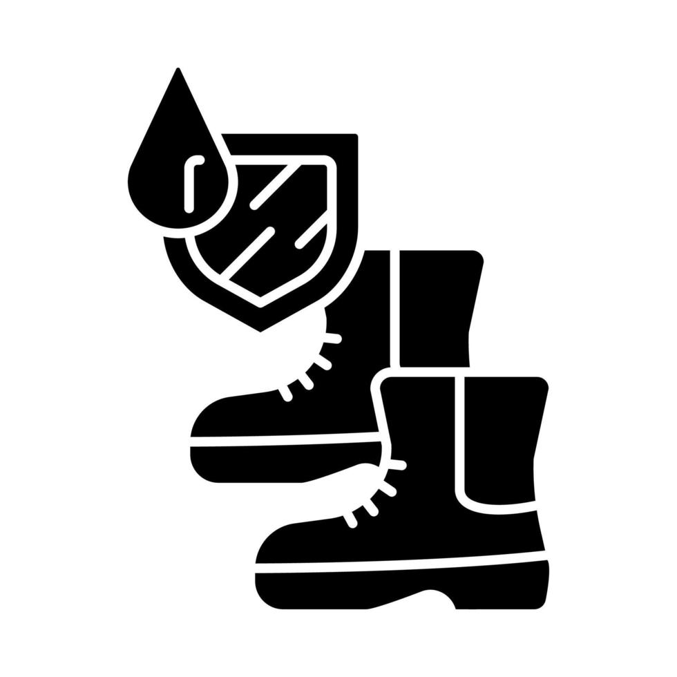 vattentäta stövlar glyfikon. vattentåliga skor. regntäta skor. hydrofoba, avvisande ytterkläder. vattentäta dwr-skor. siluett symbol. negativt utrymme. vektor isolerade illustration