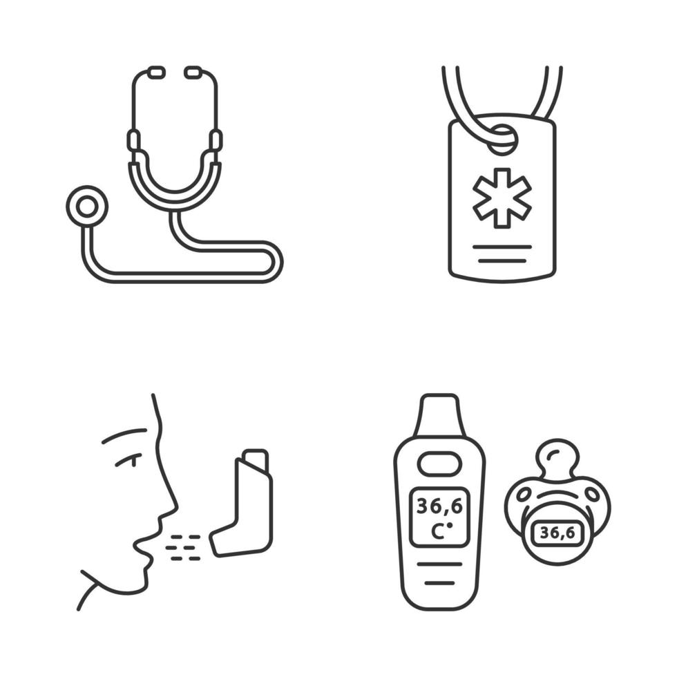 medicinsk utrustning linjära ikoner set. stetoskop, medicinsk alert id-halsband, inhalator, babytermometer. hälsoövervakare. tunn linje kontur symboler. isolerade vektor kontur illustrationer. redigerbar linje