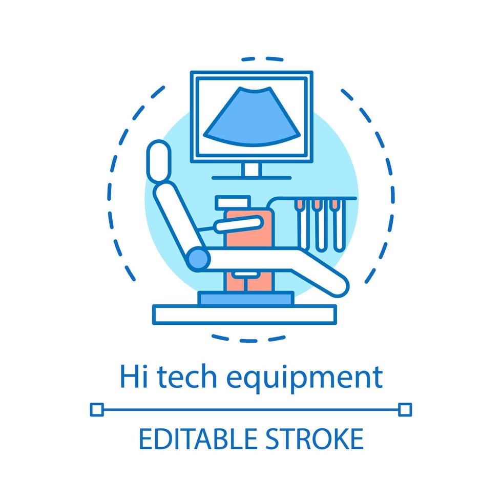 Hi-Tech-Konzept für medizinische Geräte. Untersuchung. Patientenstuhl, Monitor, Reagenzglastisch. ultraschalldiagnoseraum idee dünne linie illustration. Vektor isoliert Umrisszeichnung. editierbarer Strich