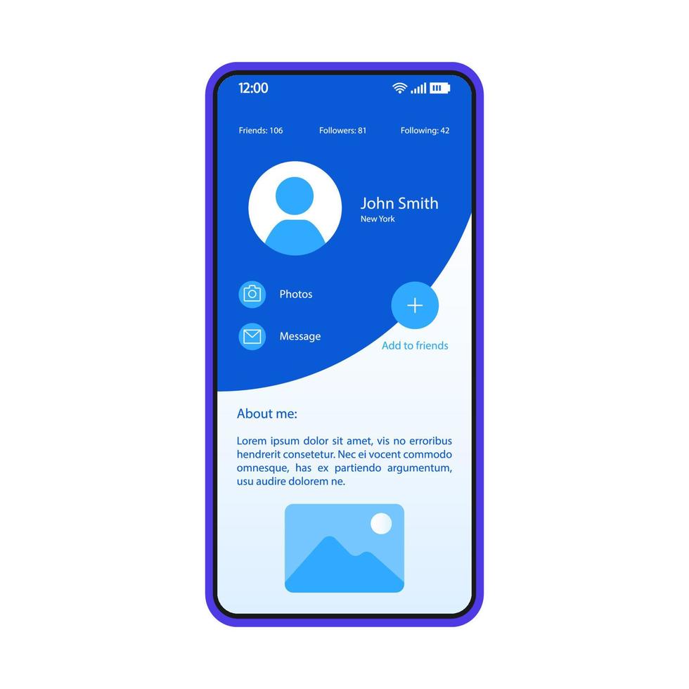 Social-Media-App-Smartphone-Schnittstellenvektorvorlage. mobile Seite blaues Design-Layout. Dienstleistung für soziale Netzwerke. Benutzerprofil, Kontobildschirm. flache Benutzeroberfläche für die Anwendung. Online-Bloggen. Telefonanzeige vektor