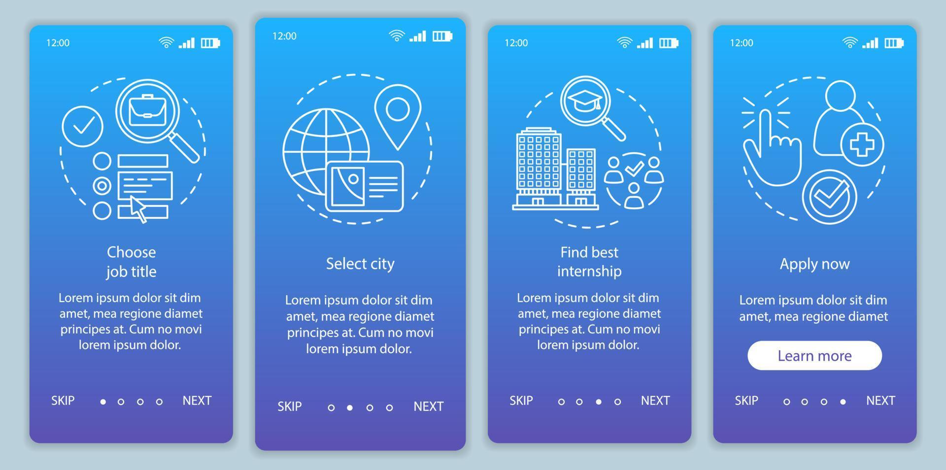 praktikprogram onboarding mobil app sida skärm vektor mall. studentpraktik. programvara för att söka jobb. genomgång webbplats steg, linjär illustration. ux, ui, gui smartphone gränssnitt koncept