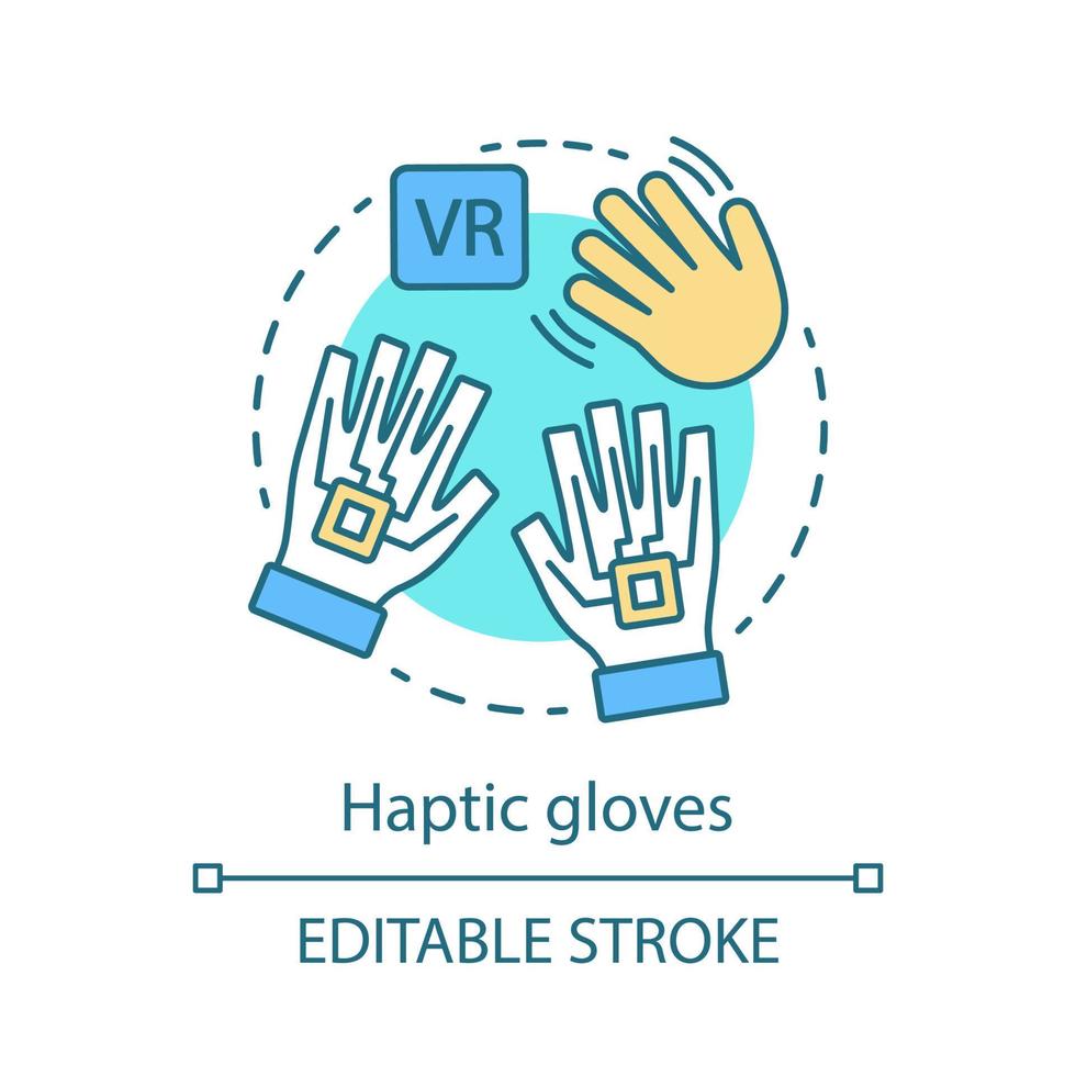 Symbol für das Konzept der haptischen Handschuhe. VR-Handschuhe. Interaktion mit mehreren Fingern. Cyberhandschuhe. Datenhandschuhe. Virtual-Reality-Gadget-Idee dünne Linie Illustration. Vektor isoliert Umrisszeichnung. editierbarer Strich