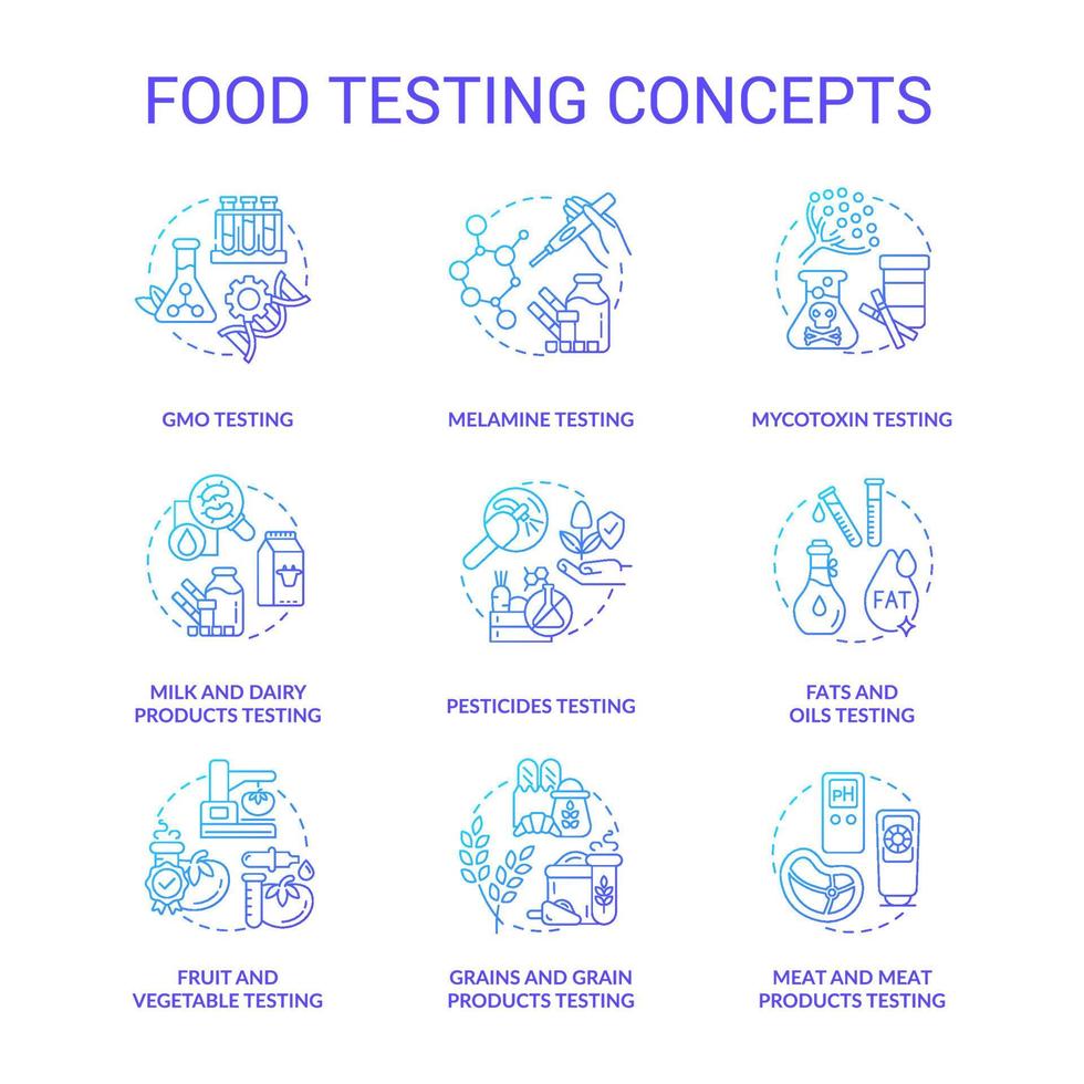 Symbole für das blaue Farbverlaufskonzept für Lebensmitteltests festgelegt. durchführung von experimenten zur analyse idee dünne linienabbildungen. Fleisch, Milchprodukte. isolierte Symbole. Roboto-Medium, unzählige pro-fette Schriftarten verwendet vektor