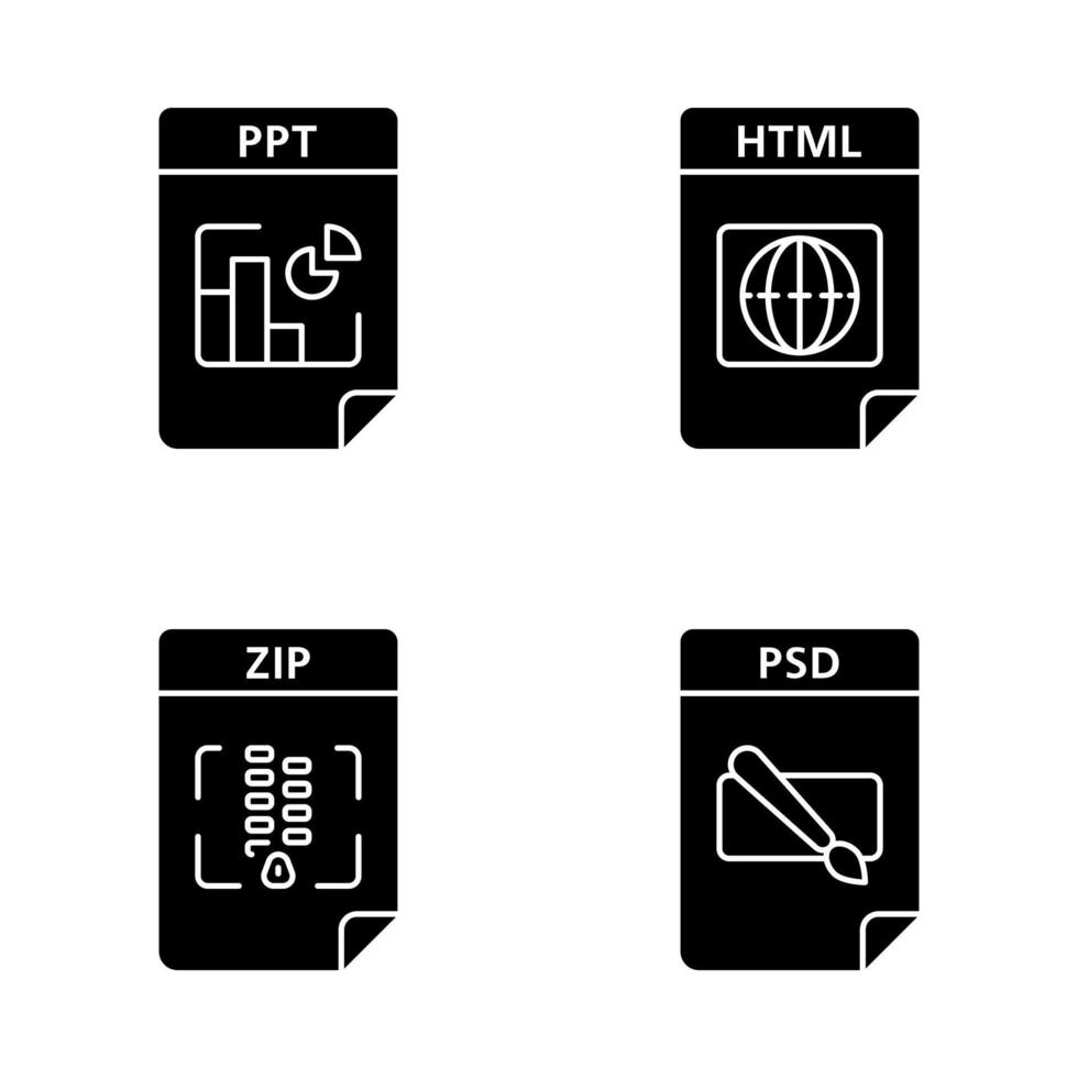 Dateien formatieren Glyphensymbole gesetzt. Präsentation, Webseite, Archiv, Bilddateien. ppt, html, zip, psd. Silhouettensymbole. vektor isolierte illustration