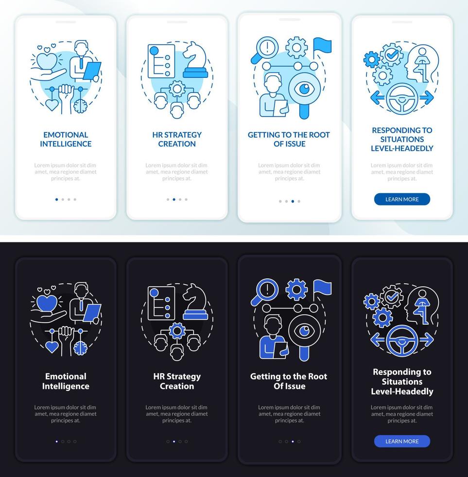 HR Soft Skills Tag- und Nachtmodus beim Onboarding des Bildschirms der mobilen App. Einstellung Walkthrough 4 Schritte grafische Anleitungsseiten mit linearen Konzepten. ui, ux, gui-Vorlage. Unzählige pro-fette, normale Schriftarten werden verwendet vektor