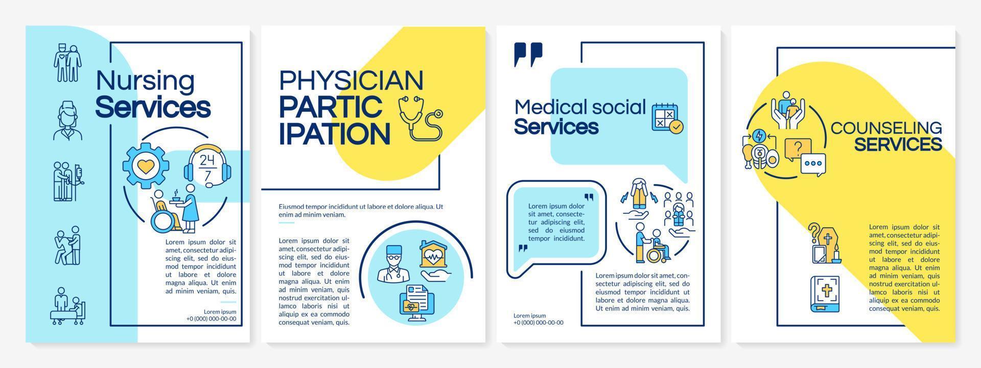 hospizpflege enthält blaue und gelbe broschürenvorlage. Medizinische Hilfe. Broschürendesign mit linearen Symbolen. 4 Vektorlayouts für Präsentationen, Jahresberichte. Questrial-reguläre, lato-reguläre Schriftarten verwendet vektor