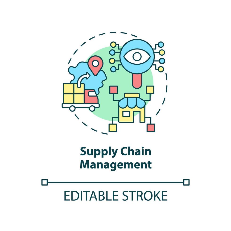 Symbol für das Supply-Chain-Management-Konzept. Beispiele für die Automatisierung im Geschäft abstrakte Idee dünne Linie Abbildung. isolierte Umrisszeichnung. editierbarer Strich. Arial, unzählige pro-fette Schriftarten verwendet vektor