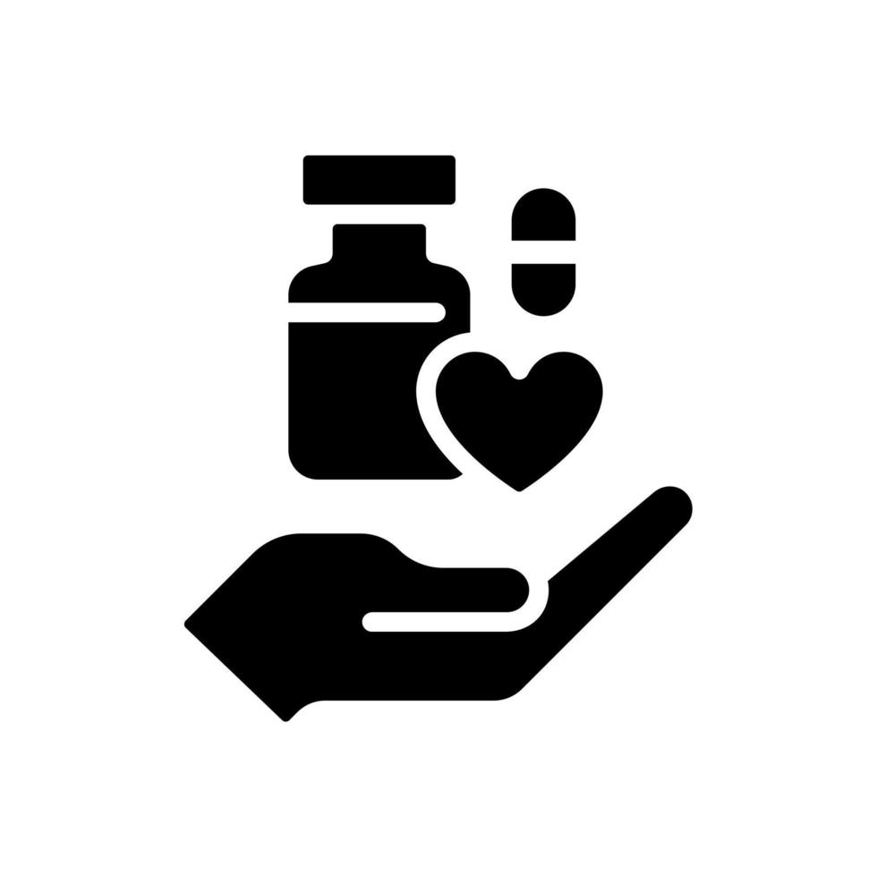 Schwarzes Glyphen-Symbol für medizinische Spende. Entsorgung unbenutzter Medikamente. Spende zurückgegebener Medikamente. Medikamente sammeln. Schattenbildsymbol auf Leerraum. solides Piktogramm. vektor isolierte illustration