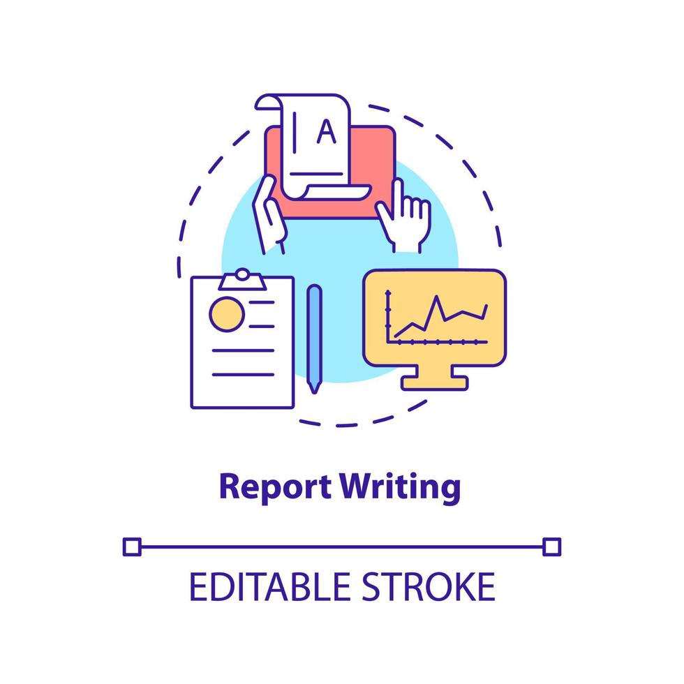 rapportskrivning koncept ikon. företagskommunikation typ abstrakt idé tunn linje illustration. materialpresentation. isolerade konturritning. redigerbar linje. arial, otaliga pro-bold typsnitt som används vektor