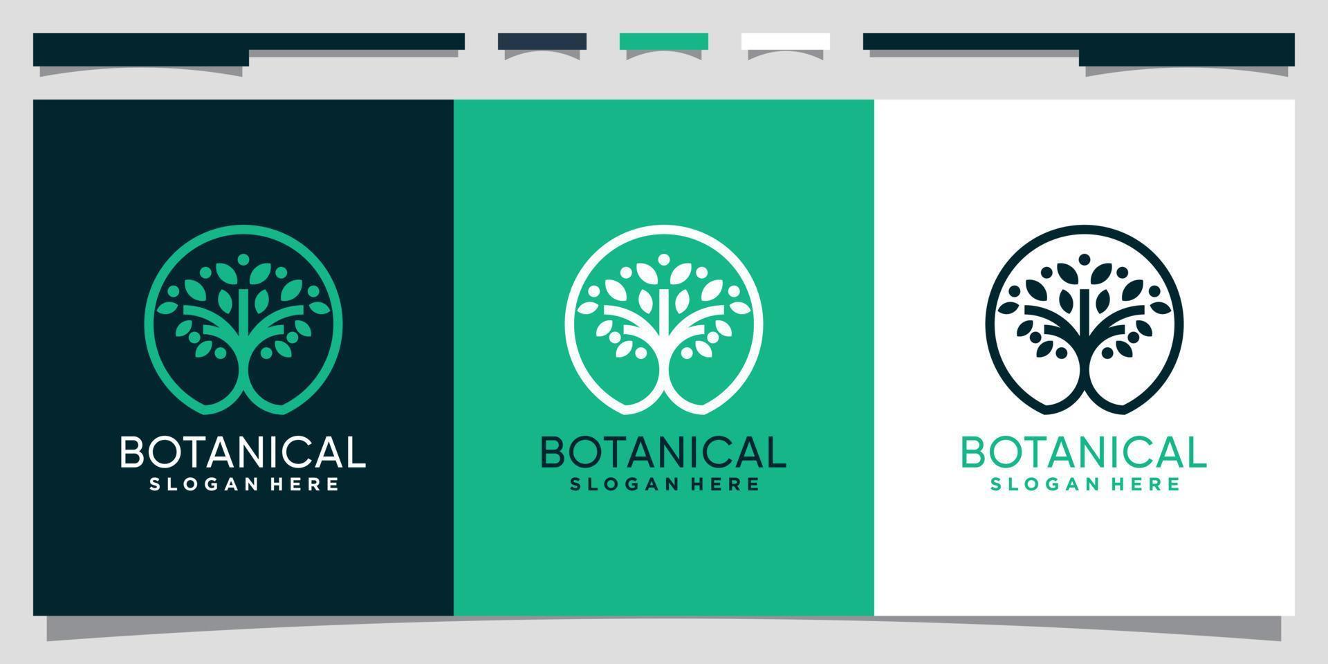 botaniska träd logotyp design med linjekonst stil och cirkel koncept premium vektor