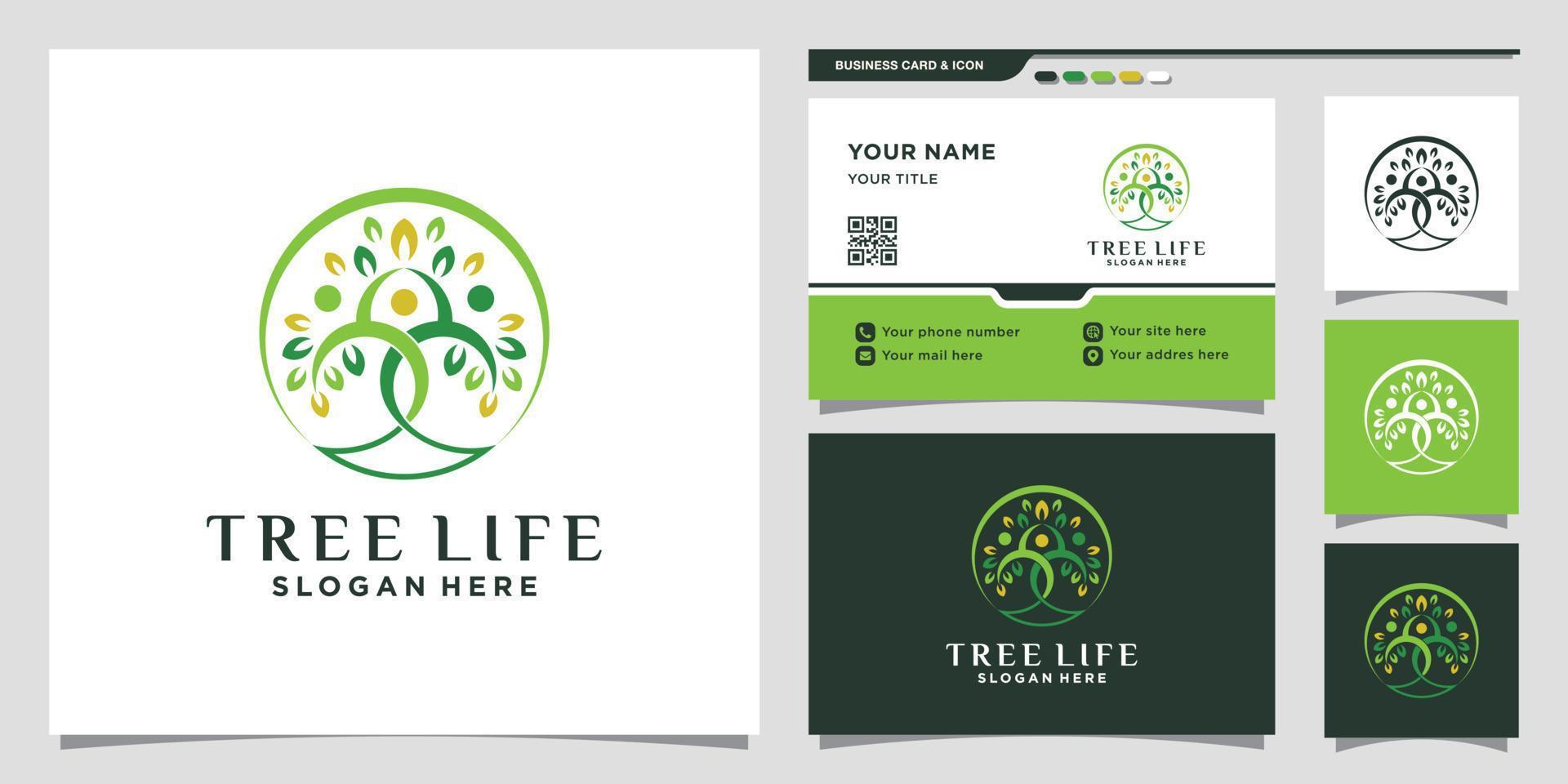 tree life logotyp mall med linjekonst stil och visitkort design premium vektor