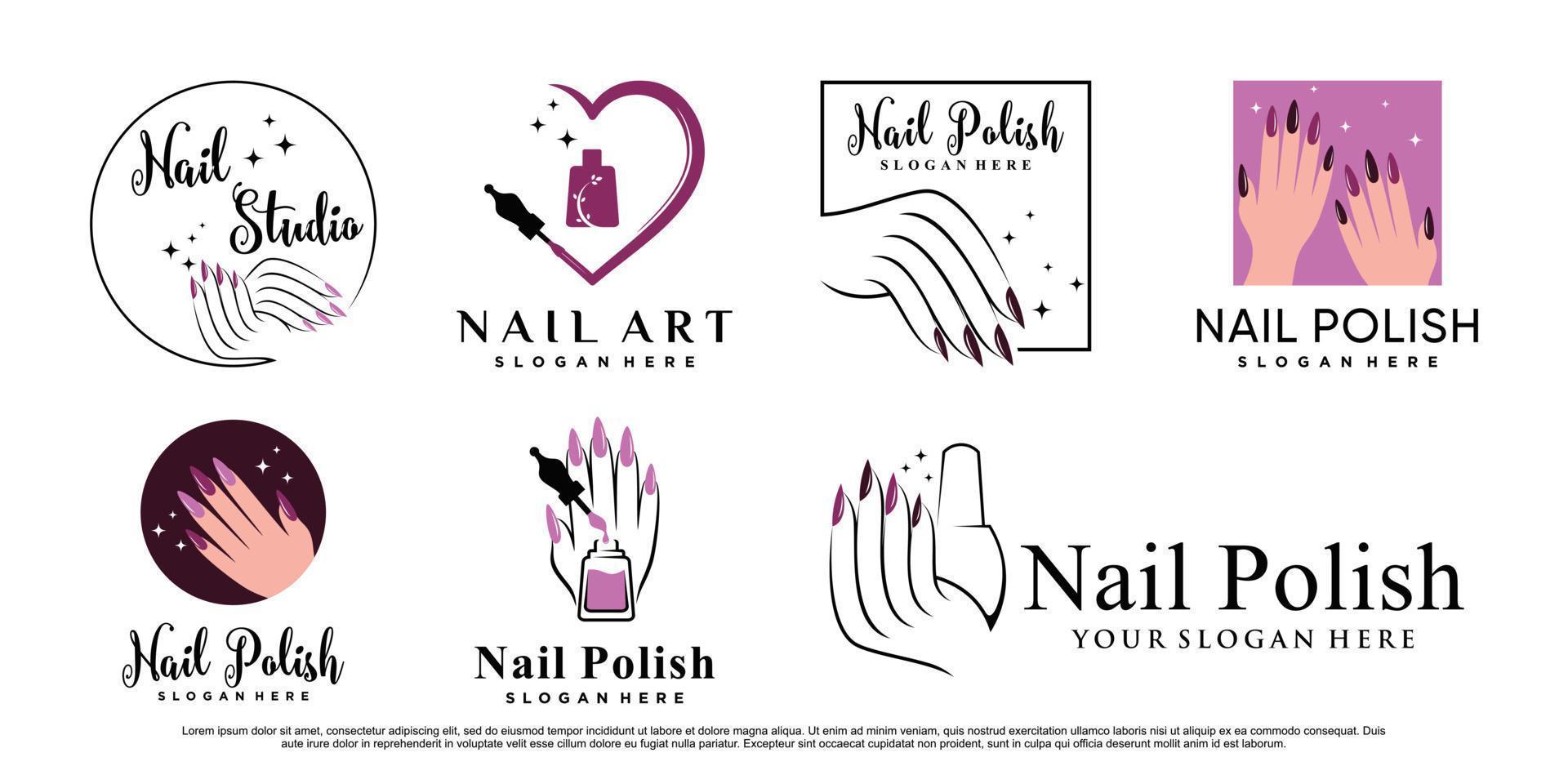 uppsättning av nagellack logotyp design manikyr med kreativa element premium vektor