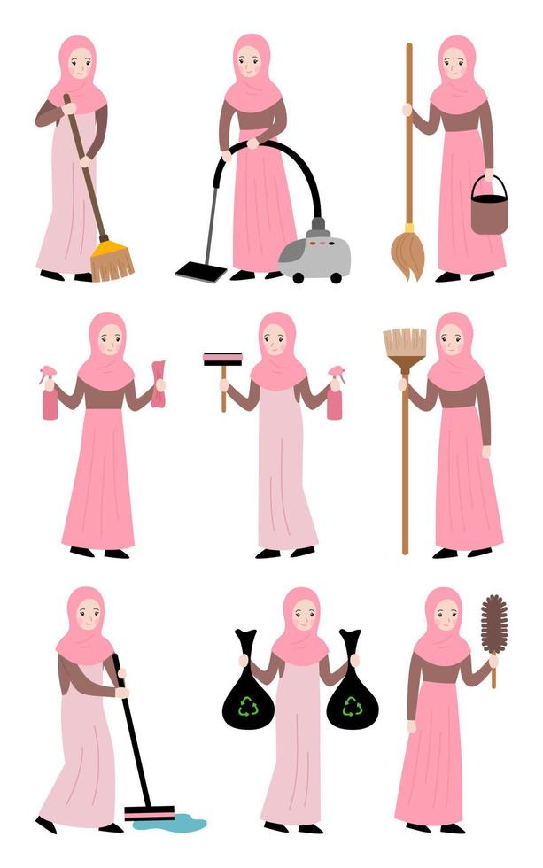 muslimsk flicka bär hijab rengöring vektor platt illustration