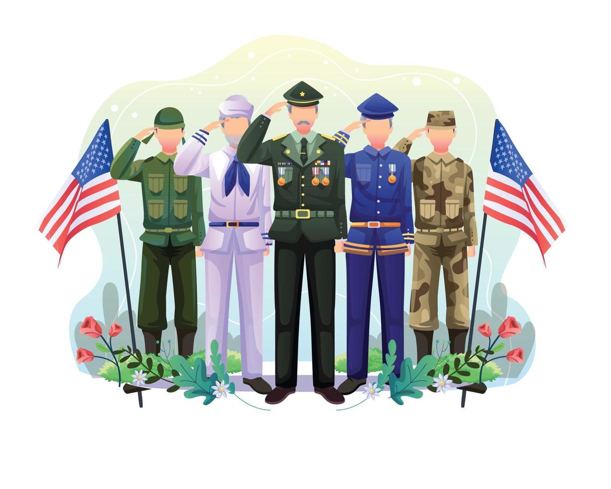 Us-Unabhängigkeitstag-Gruppe von Soldaten, die die Vereinigten Staaten grüßen vektor