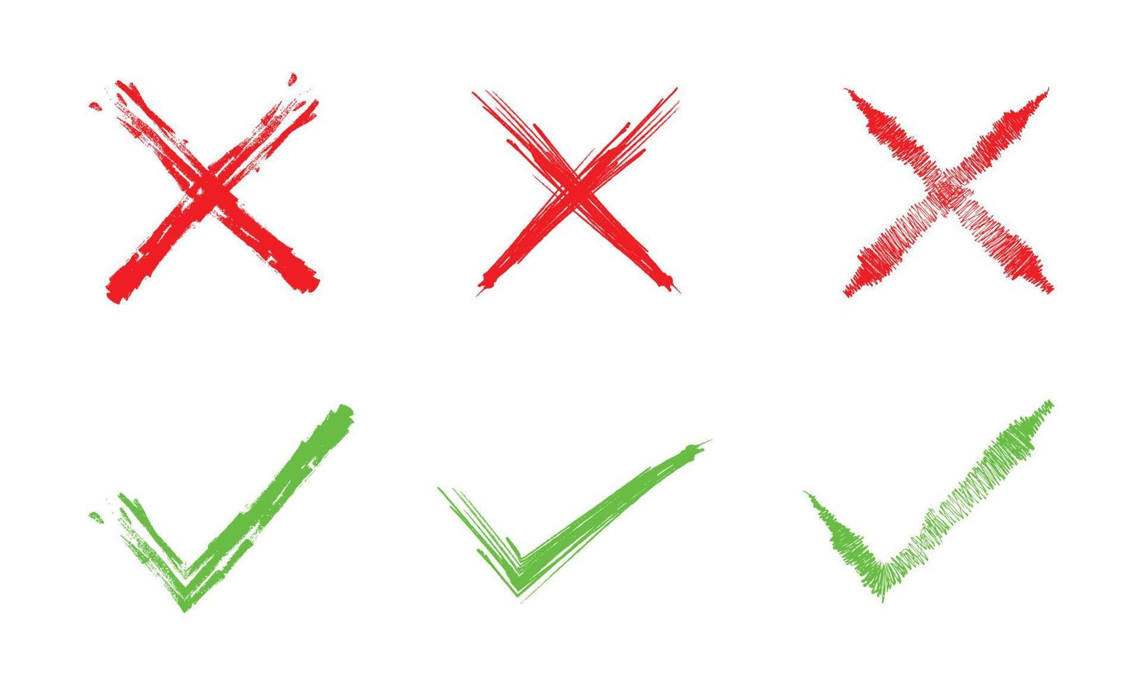 Satz von Hand zeichnen grünes Häkchen und rotes Kreuz isoliert auf weißem Hintergrund. Ja und Nein-Symbol. Vektor-Illustration. vektor