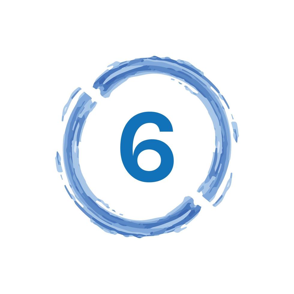 nummer 6 i akvarell blå cirkel på vit bakgrund. vektor