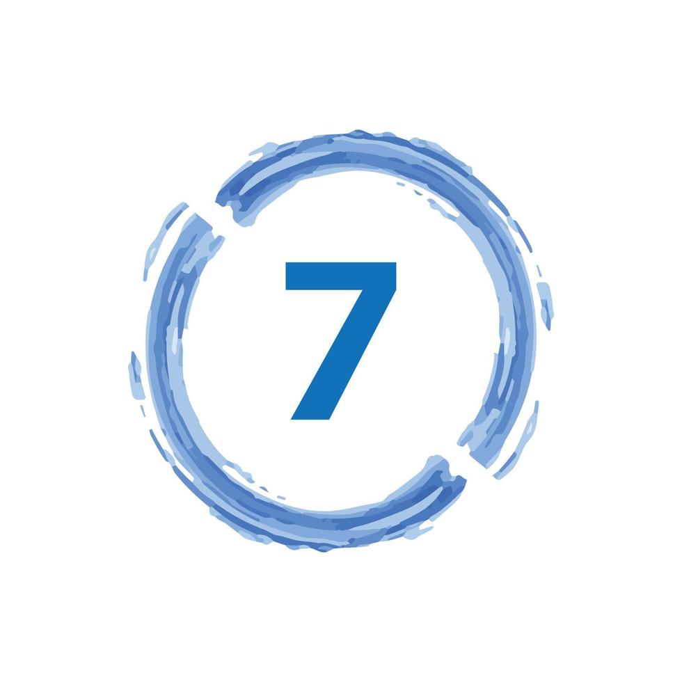Nummer 7 im blauen Kreis des Aquarells auf weißem Hintergrund. vektor