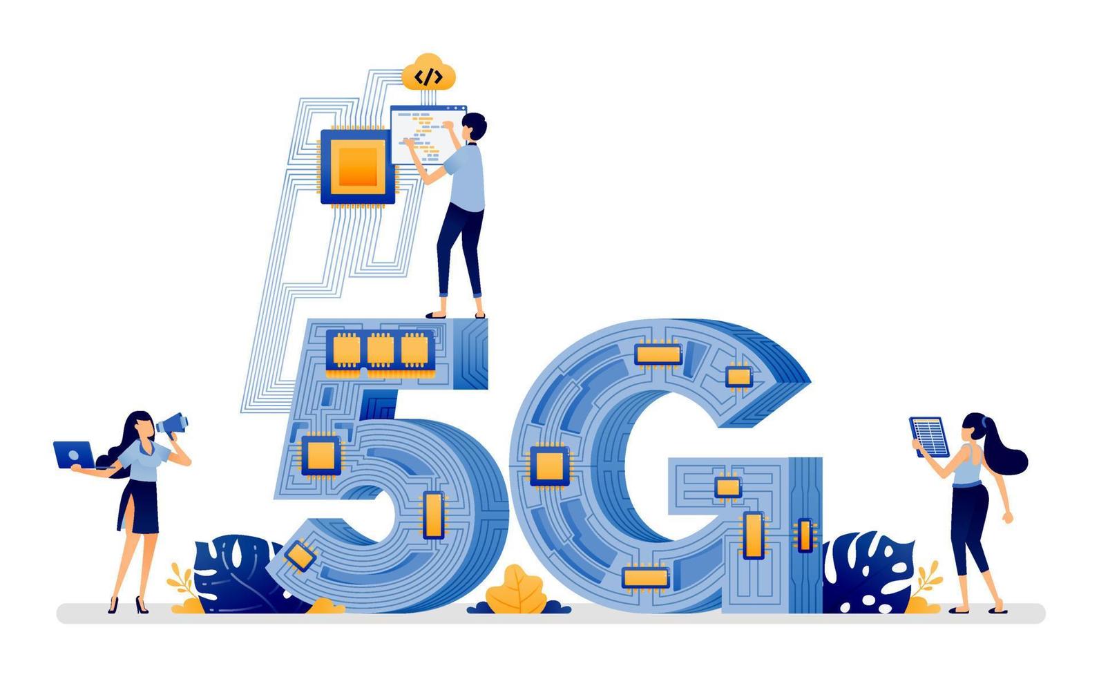 Illustrationsdesign von 5g mit optischen Netzwerkkabeln, die umgeben und zusammenhalten, um ein Netzwerk zu bilden. Vektor kann für Web, Website, Poster, mobile Apps, Broschürenanzeigen, Flyer, Visitenkarten verwendet werden