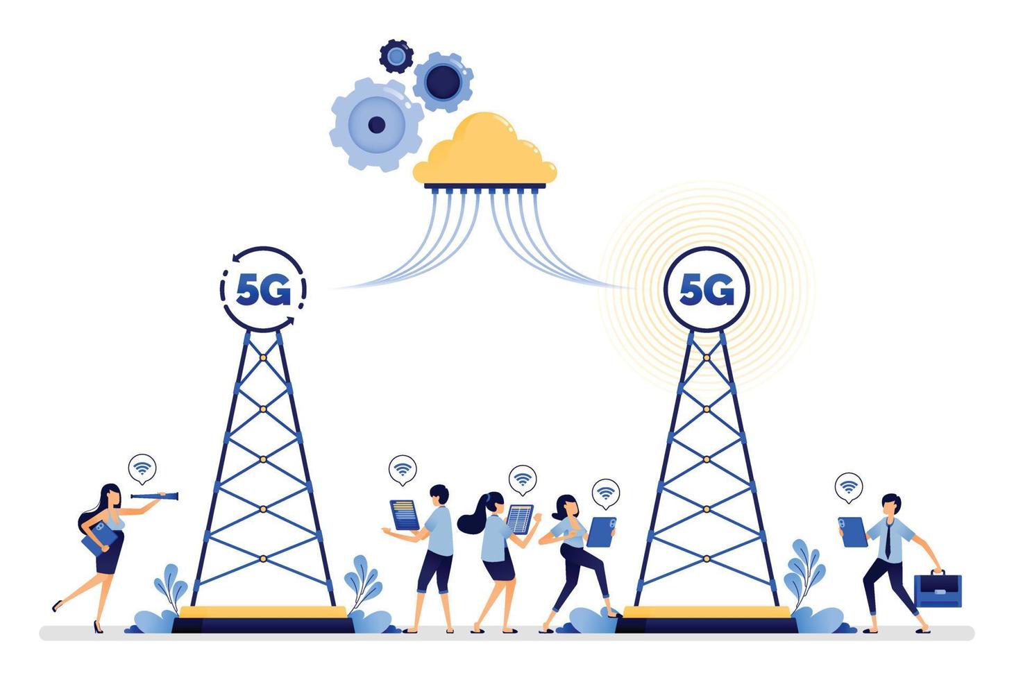 illustrationsdesign des installierten 5g-internetsystems des kommunikationsturms kommunizieren einfacher mit der cloud und dem drahtlosen netzwerk. Vektor kann für Web, Website, Poster, mobile Apps, Anzeigen, Flyer verwendet werden