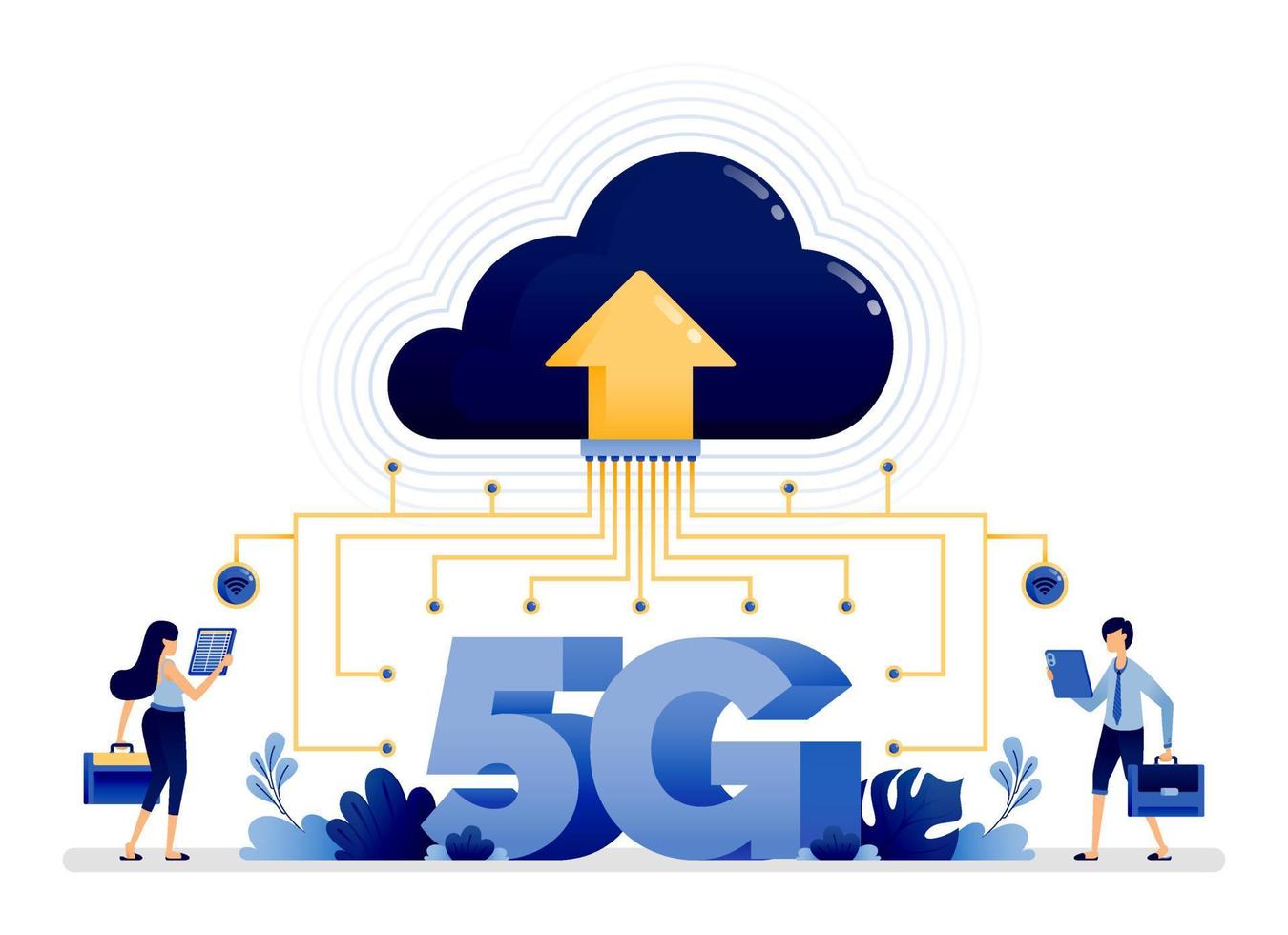 illustrationsdesign av 5g molninternetteknik för mer strukturerad och effektiv uppladdning och insamling av data. vektor kan användas för målsida, webb, webbplats, affisch, mobilappar, annonser, flygblad, kort