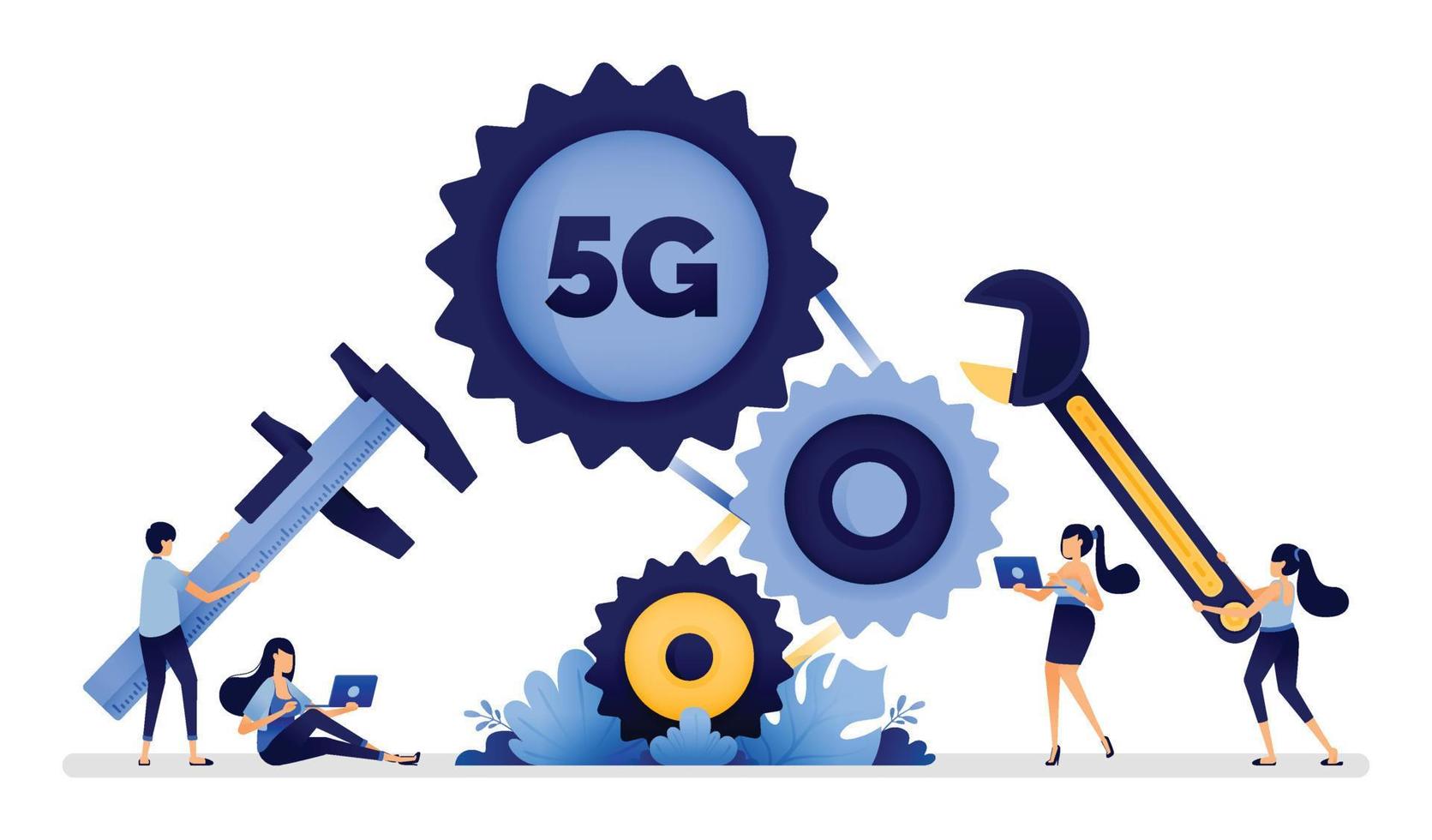 illustrationsdesign der reparatur und wartung von 5g-netzwerken für einen schnelleren und besseren netzwerkzugriff. Vektor kann für Zielseite, Web, Website, Poster, mobile Apps, Broschürenanzeigen, Flyer, Visitenkarten verwendet werden