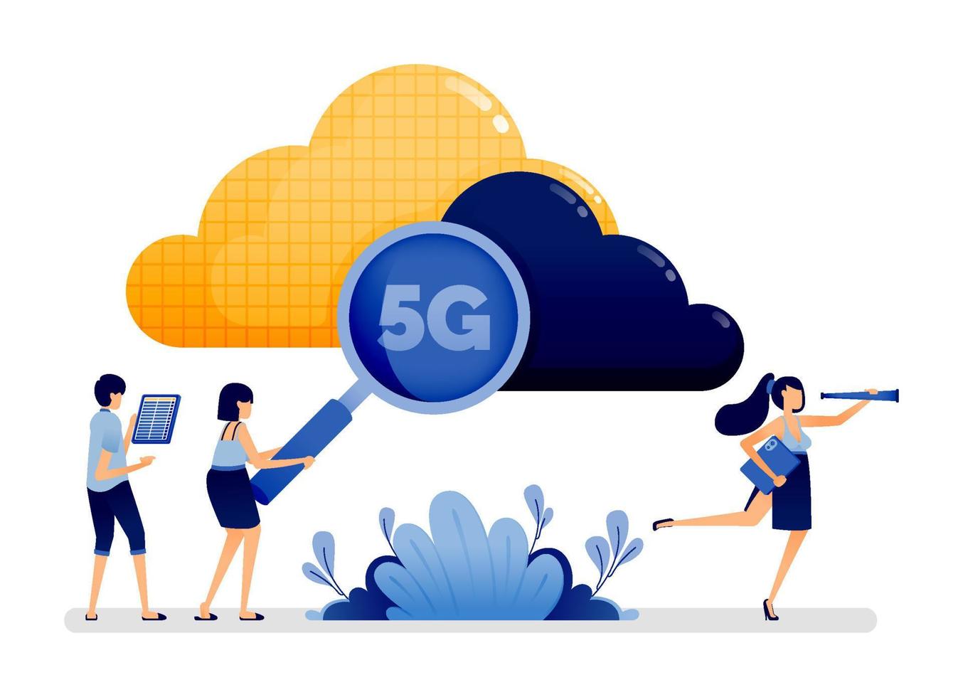 Illustrationsdesign von Cloud-Technologie und 5G-Internet zur Rationalisierung der Geschwindigkeit von Suchmaschinen bei der Verarbeitung von Daten. Vektor kann für Zielseite, Web, Website, Poster, mobile Apps, Anzeigen, Flyer verwendet werden
