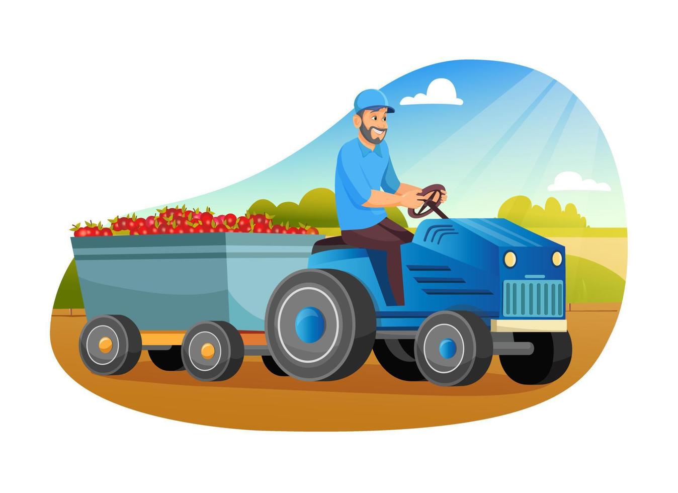 Bauern laden Äpfel auf Traktoranhänger. Bio-Lebensmittel aus lokaler Landwirtschaft, umweltfreundliche saisonale Produkte. vektor