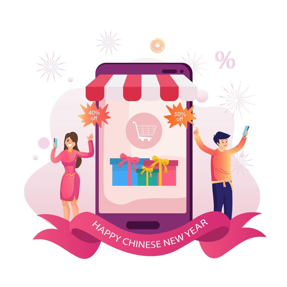 kinesiska nyåret shopping koncept, försäljning och rabatter. med flicka och pojke håller megafon nära stor smartphone. platt vektor