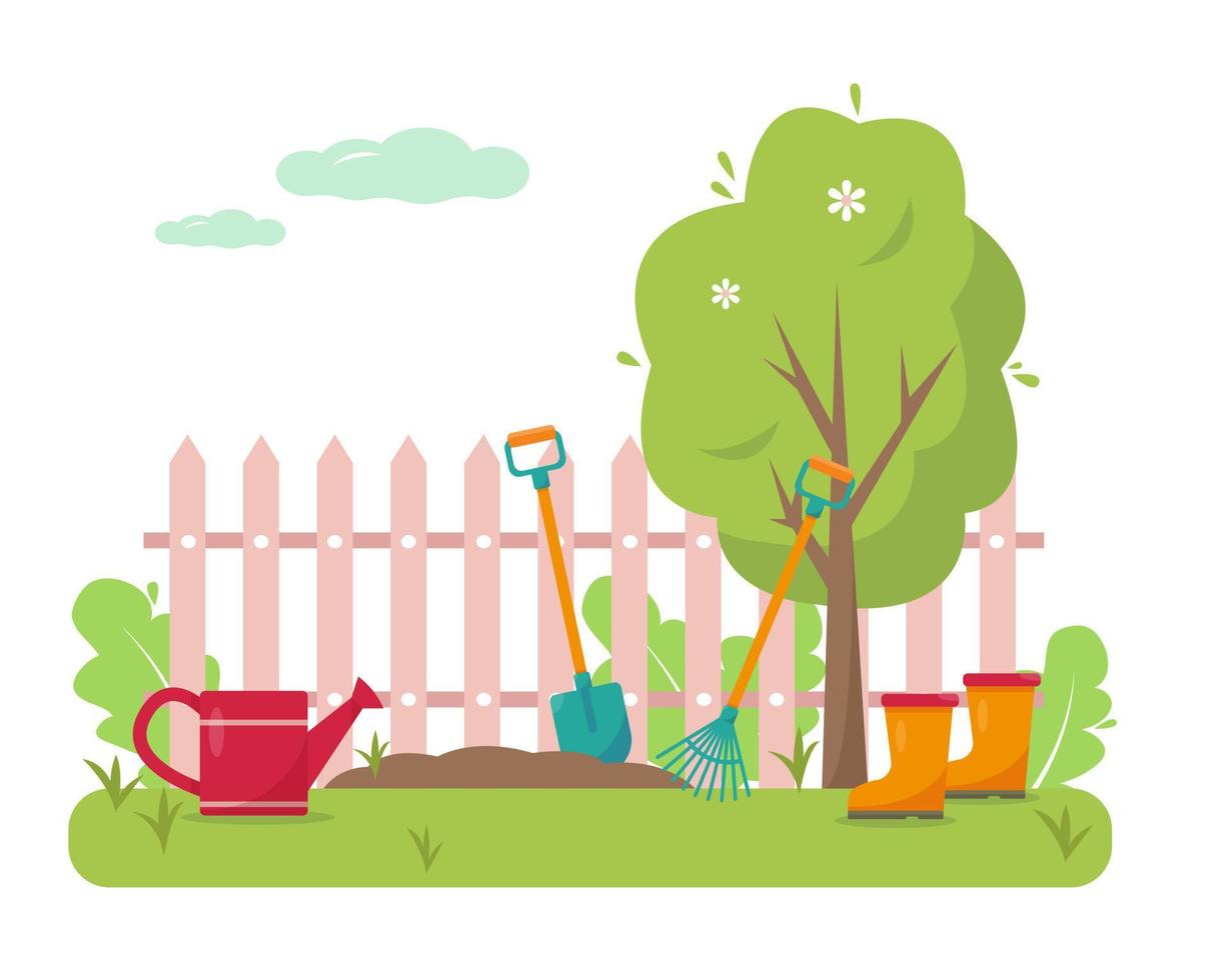 Gartenkonzeption. frühlings- oder sommerbanner oder hintergrundvektorillustration. vektor