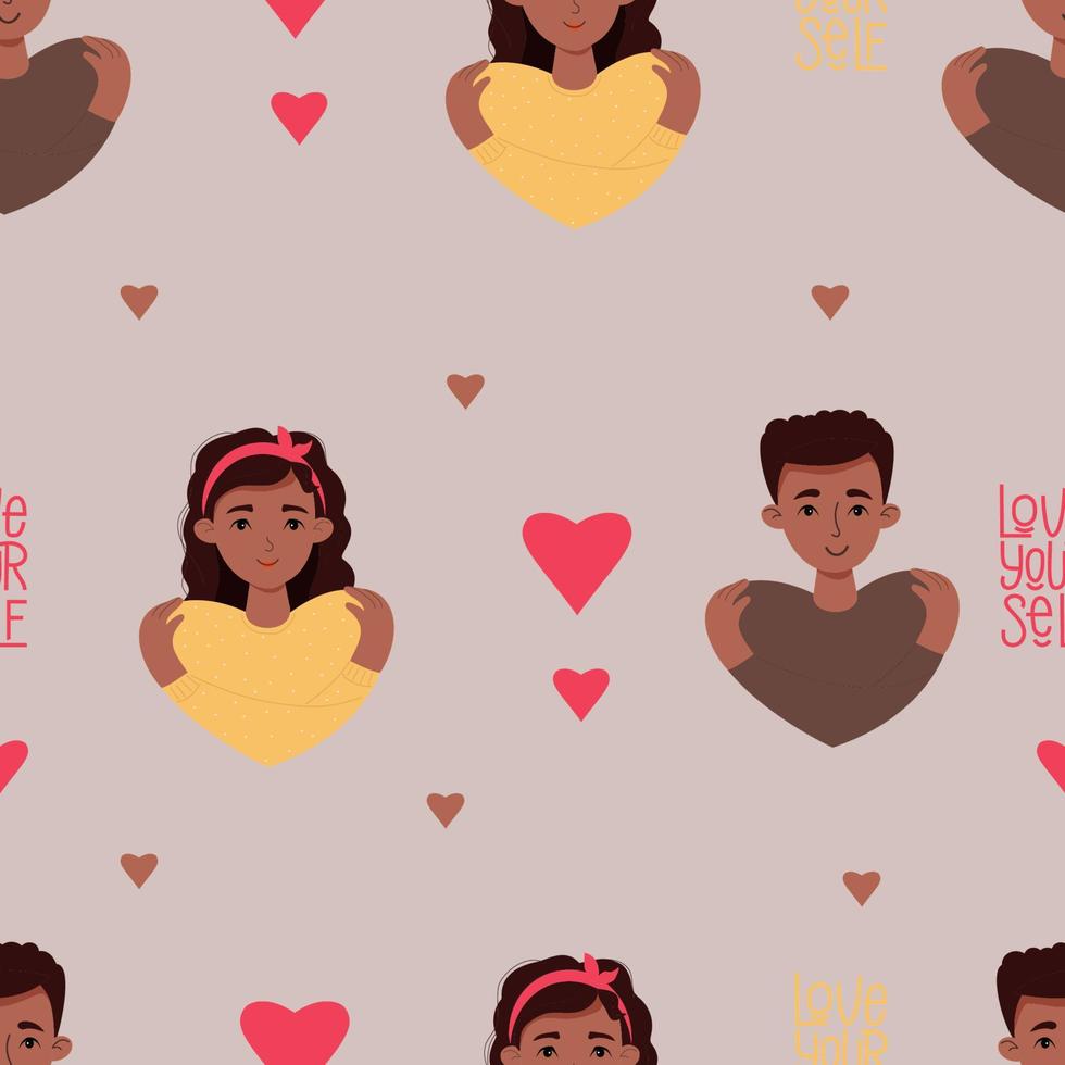 seamless mönster med svart par människor. en etnisk tjej med långt hår och en ung man kramar sina axlar på ljusrosa bakgrund med hjärtan. vektor illustration. koncept älska dig själv